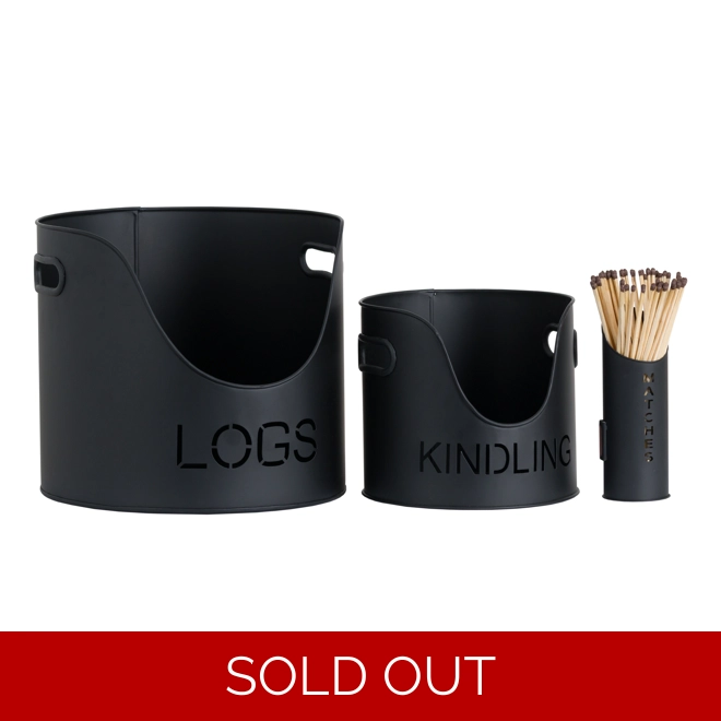 product Image for Black Finish Logs And Kindling Buckets & Matchstick Holder